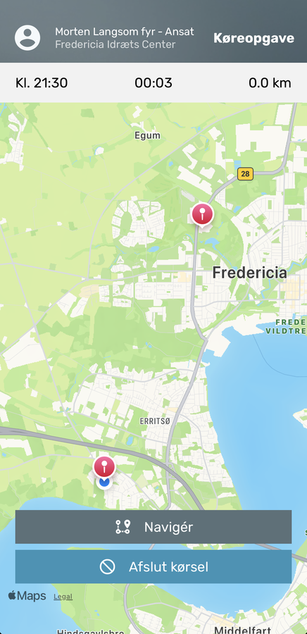 Skærmbillede af køreopgave med kort og GPS-tracking