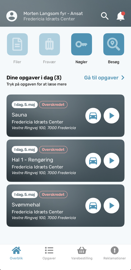 Skærmbillede af dagens opgavelisten i Cleany mobilappen