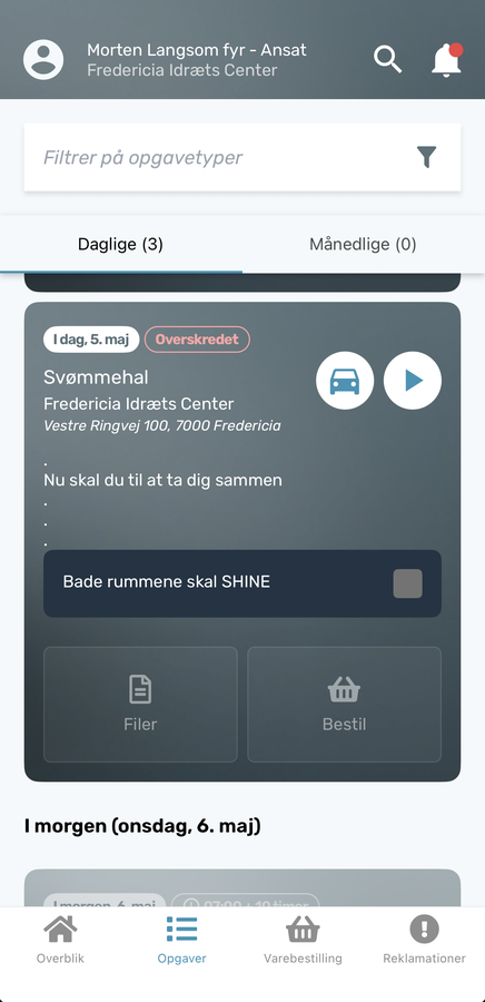 Skærmbillede af opgave-detalje med beskrivelse og tjekliste